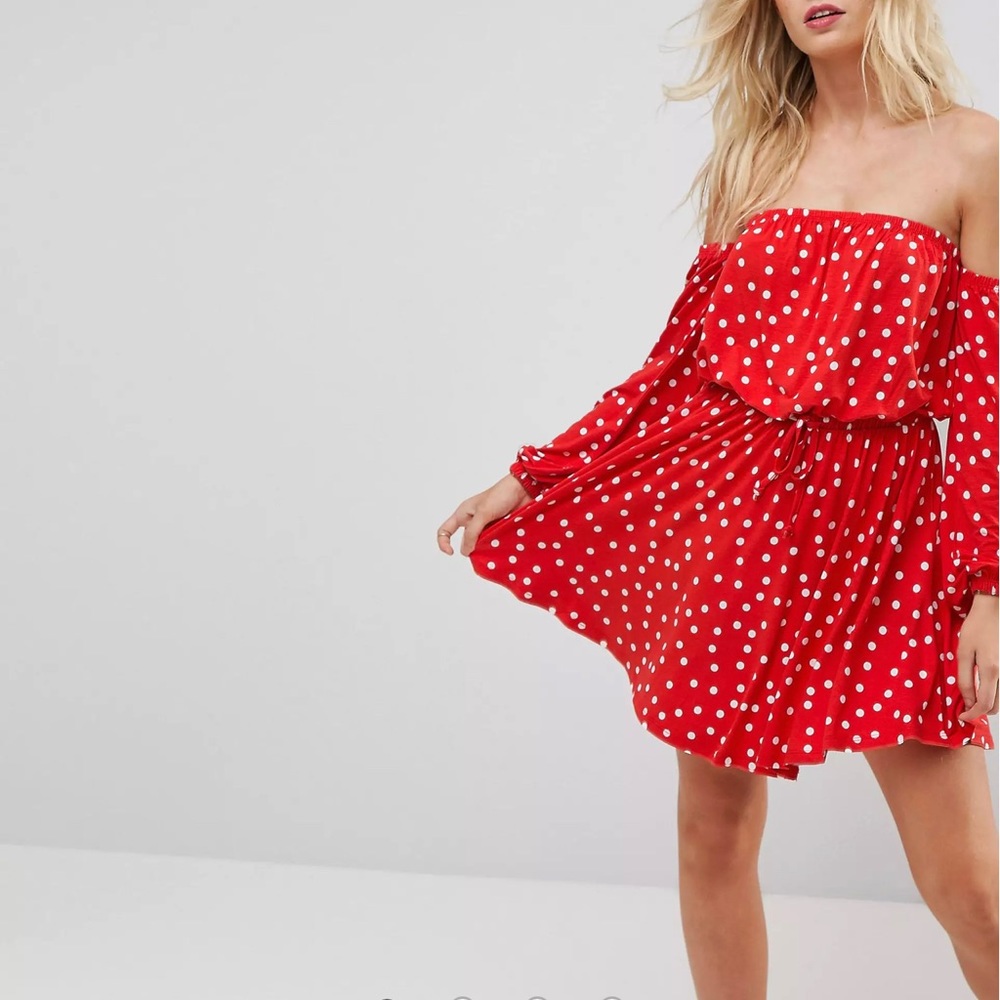 ASOS Bardot Long Sleeve Skater Dress in Polka Dot